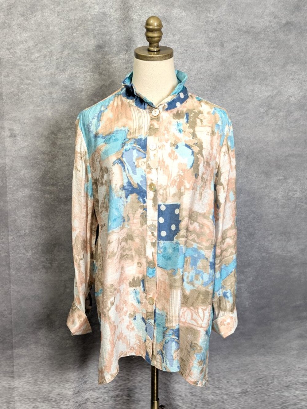 Multiples Wired Collar Tunic Size L Blue Abstract Button Front Shirt Artsy